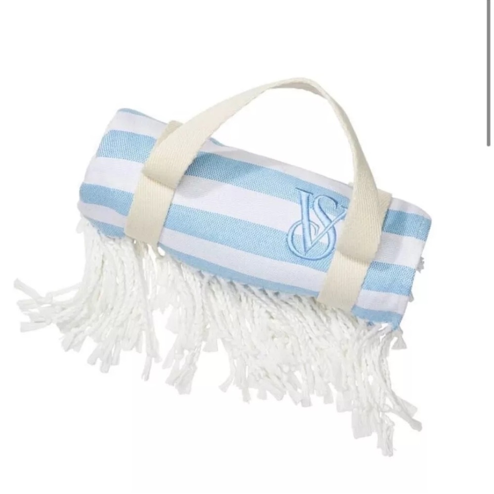 Blue and whitere strioed Victorias Secret beach blanket. New with tags